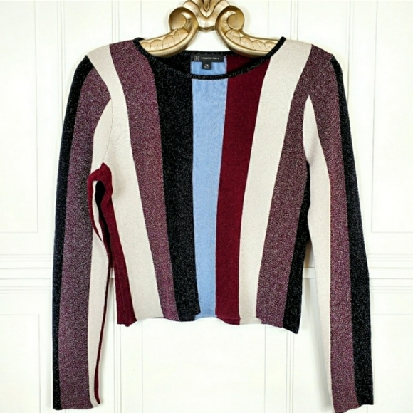 NEW INC Metallic Striped Knit Top M Petite MP Long Sleeve Sparkly - Picture 3 of 7